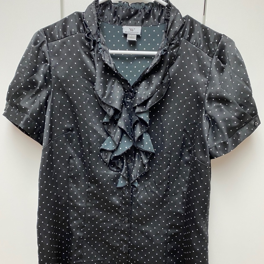 Black & white polka dot satin Worthington top, L